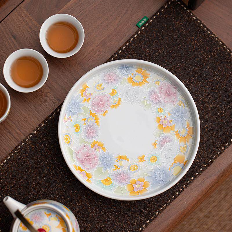 仿古釉万花陶瓷壶承圆形干泡盘