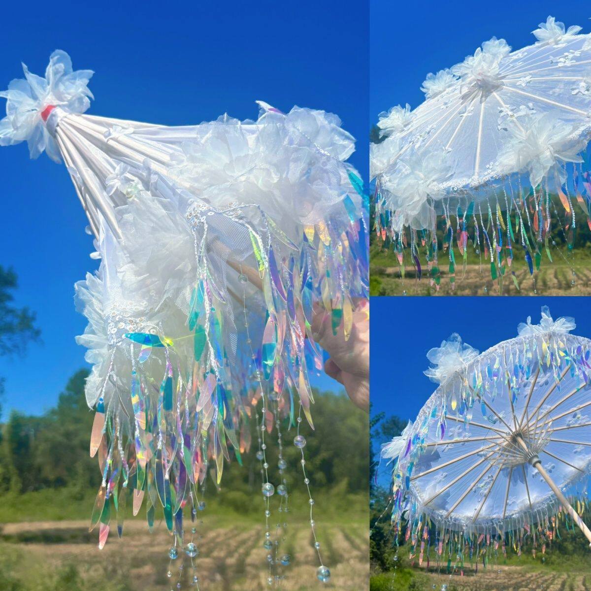 原创遮阳花伞超闪汉服配饰珠链新中式传统cos古装走秀百搭西游记