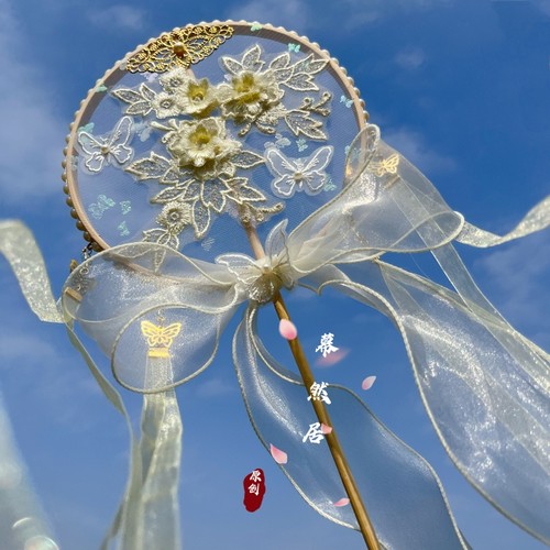 幕然居原创团扇蝴蝶结汉服配饰lolita古典舞简约长柄手持工艺拍照