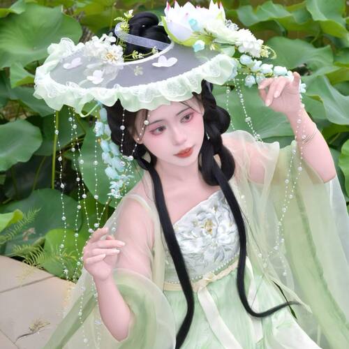 原创荷花帷帽超仙绢花珠链汉服配饰唐风中国风古装cos洋气摄影道
