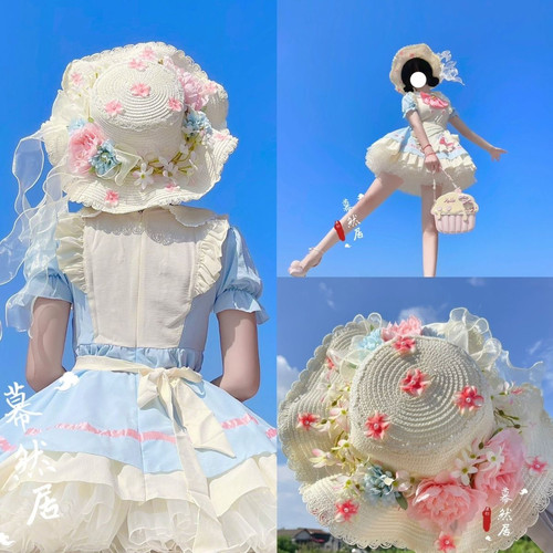 原创Lolita遮阳太阳帽草帽花朵公主出游沙滩防晒遮阳帽帽子汉服配