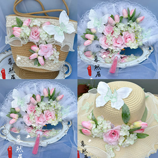 原创汉洋折中Lolita中国风绢花羽毛折扇包包帽子套装古风汉服配饰