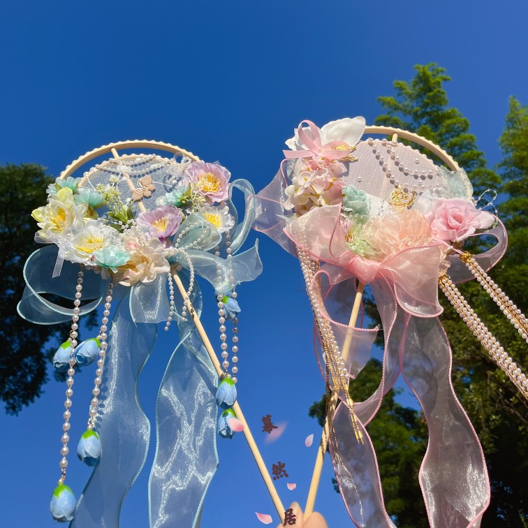 幕然居原创新品重工双圈绢花团扇古风汉服配饰可爱百搭走秀洛丽塔