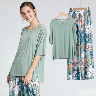 棉绸家居服套装 莫代尔圆领中袖 人造棉长裤 两件套短袖 睡衣女夏季