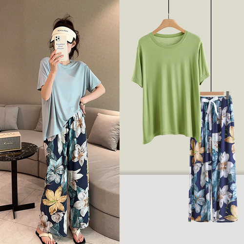 棉绸短袖阔腿长裤套装女新款碎花家居服人棉睡衣T恤直筒裤两件套