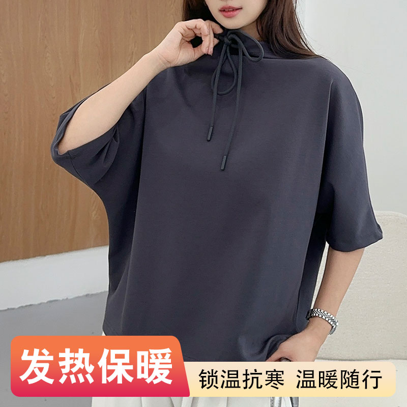 2025t恤打底衫纯色抽绳设计感连帽穿搭简约套头中袖洋气上衣卫衣