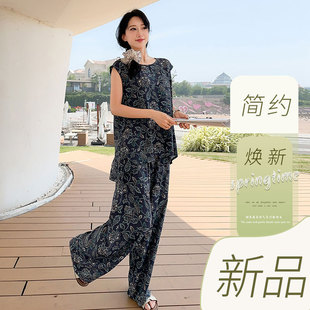 人造棉套装 女无袖 新款 背心松紧腰阔腿裤 高级感棉绸两件套2025夏季