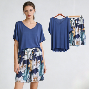 套装 短袖 家居服莫代尔睡衣女款 凉感人造棉两件套可外穿棉绸短裤