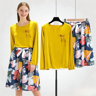 棉绸套装 睡衣女款 家居服夏季 人造棉两件套短裤 可外穿 莫代尔长袖