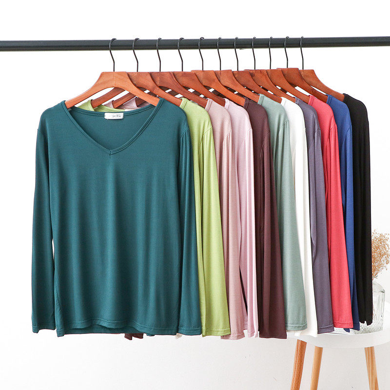 莫代尔V领纯色长袖T恤女上衣简约套头百搭宽松显瘦学生秋季打底衫