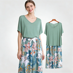 两件套可外穿棉绸家居服套装 人造棉长裤 短袖 莫代尔睡衣女夏季