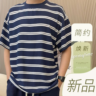 t恤男士 条纹宽松圆领半袖 绵绸短袖 夏季 年轻款 运动休闲上衣半截袖