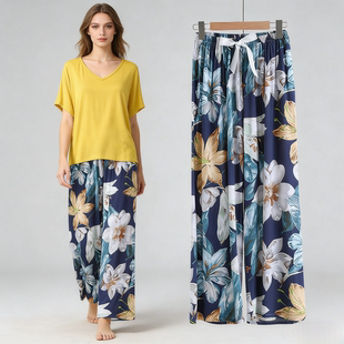 女人造棉长裤 棉绸家居服套装 两件套莫代尔睡衣 短袖 可外穿夏季