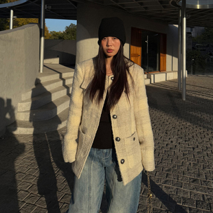 grape wang 原创羊毛拼色格小香风上衣外套宽松显瘦毛呢外套女