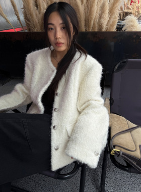 grape wang 轻奢时尚 原创设计金属扣宽松外套小香风秋冬毛呢上衣