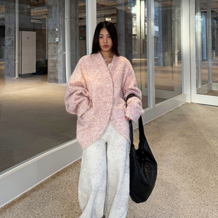 grape wang  原创设计款复古慵懒风宽松廓形毛呢外套上衣新款