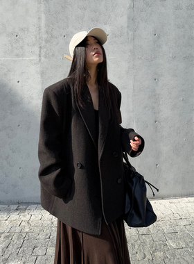 grape wang 苦咖啡 绵羊毛呢复古双排扣西装服宽松显瘦中长款外套