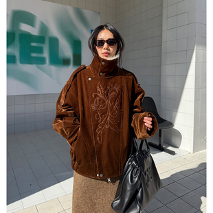 grape wang 原创设计师款刺绣夹绵夹克外套秋冬款可脱卸毛领上衣