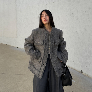 grape wang 原创设计款复古小香风粗花呢外套宽松毛呢上衣新