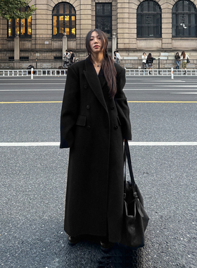 grape wang “小蛮腰”毛呢大衣宽松中长过膝百搭呢子外套双排扣