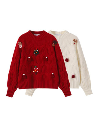 New Year's Outfit, Christmas Red Atmosphere Sweater, Women's Short Top, Autumn and Winter New Style, Loose Inner Layer, Niche Knitwear