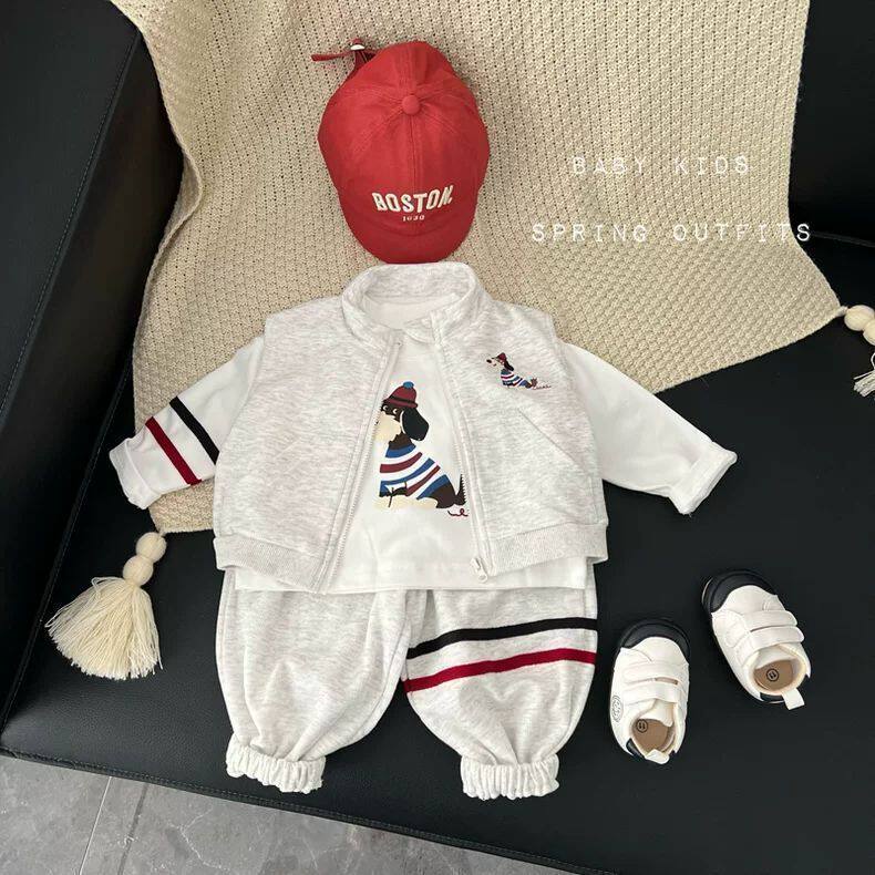 男女宝宝秋装纯棉婴幼儿秋季T恤马甲套装百天周岁衣服裤子三件套