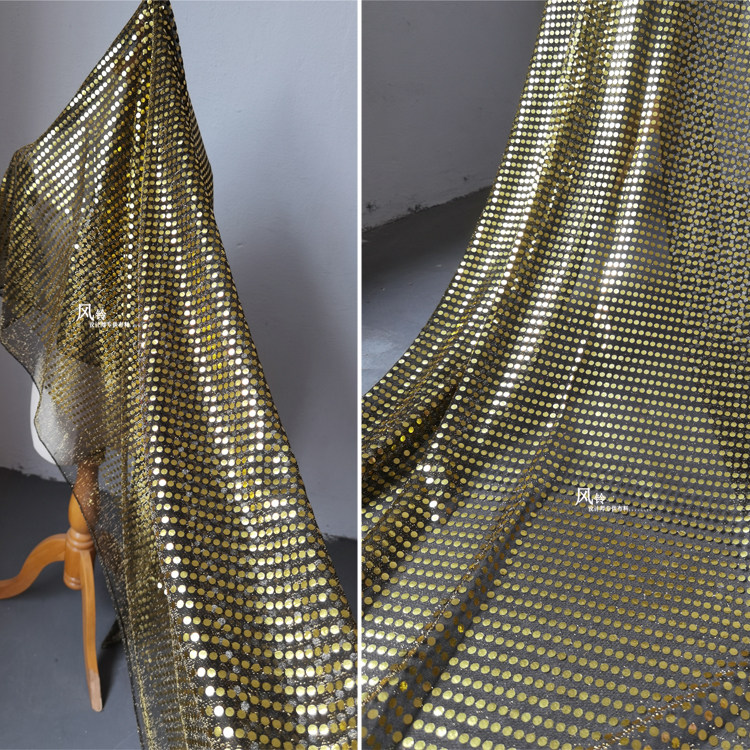黄金反射圆贴片 设计师亮片网纱 婚庆背景装饰布舞台服装裙纱面料