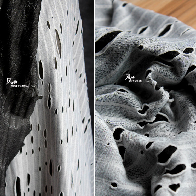 破旧复古破洞棉布不规则烂花麻灰黑开口笑 针织棉烂布设计师布料