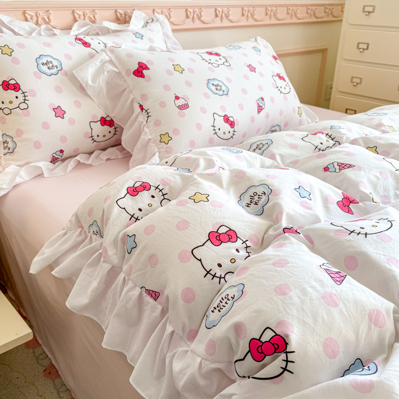 HelloKitty卡通可爱纯棉全棉四件套花边被套kt猫三件套凯蒂猫被罩