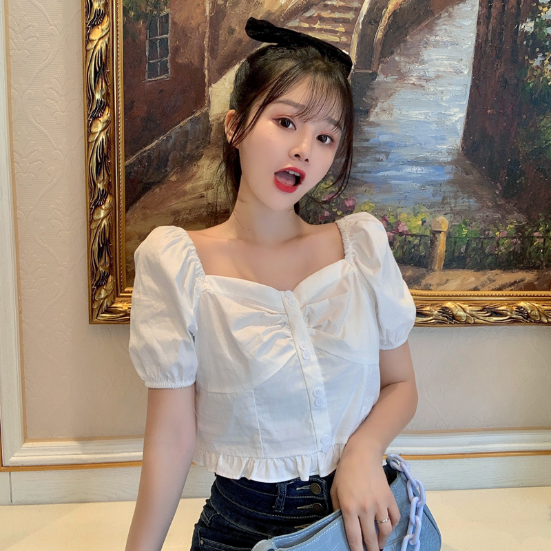 Real price French square collar top women's new summer bubble sleeve navel collar shirt
