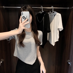 Real price ᦇ design sense of new style short top small number of irregular open navel versatile short sleeve T-shirt women's fashion