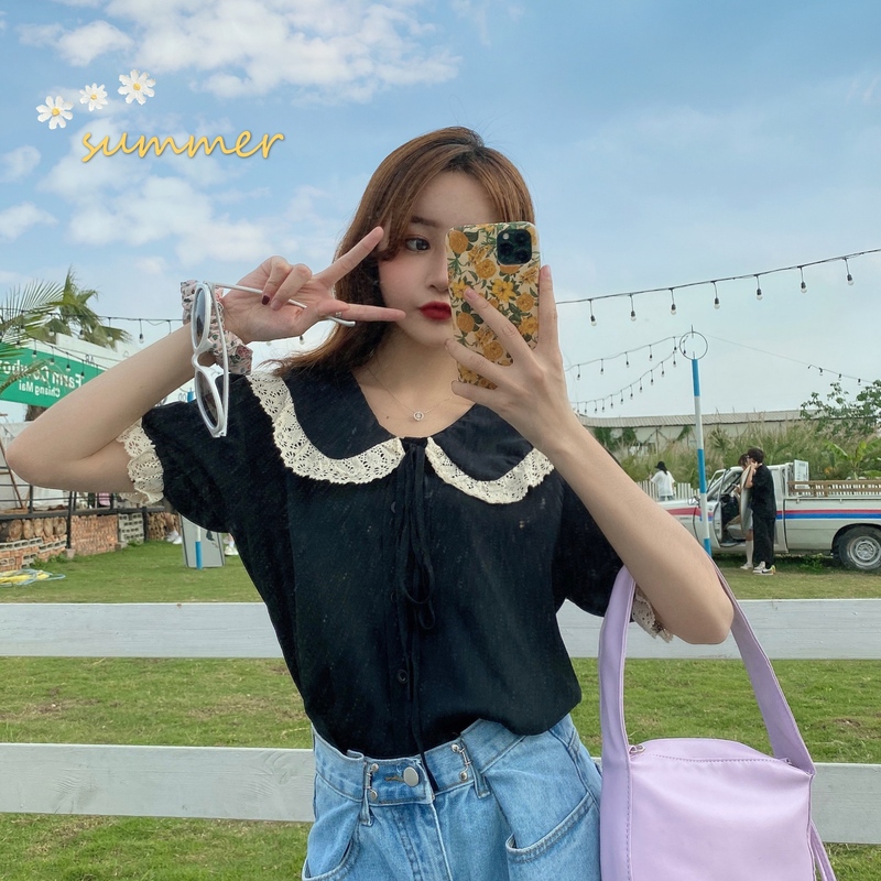 New French retro lace Lapel top design with baby collar and short sleeve shirt