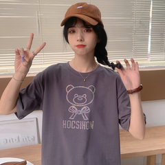 實拍實價#夏季新款燙鑽小熊短袖T恤女上衣 