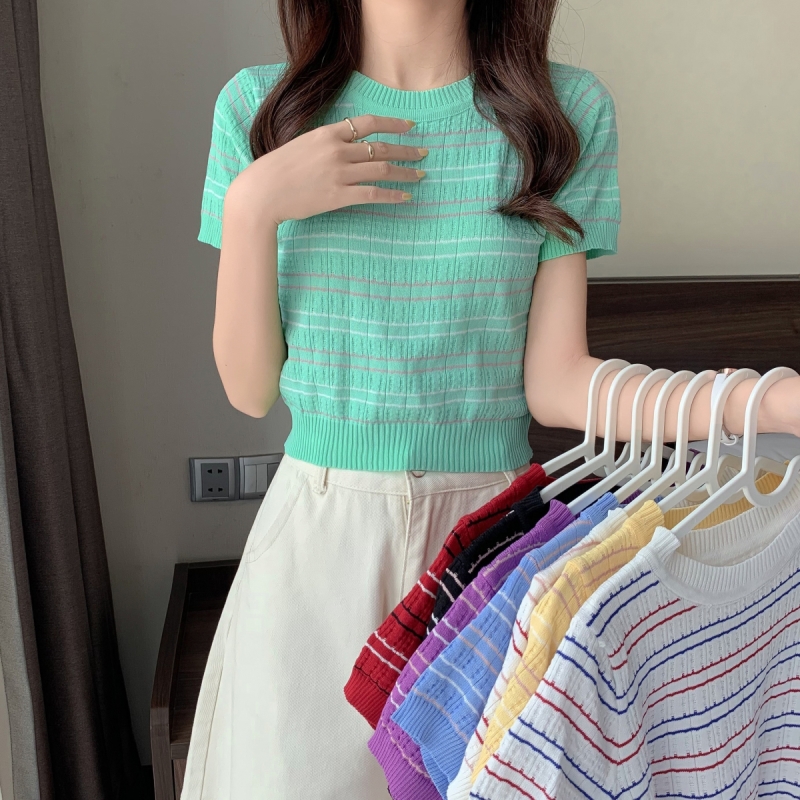 實拍實價#針織衫修身女裝新款夏季打底衫短袖上衣服小香甜辣妹風