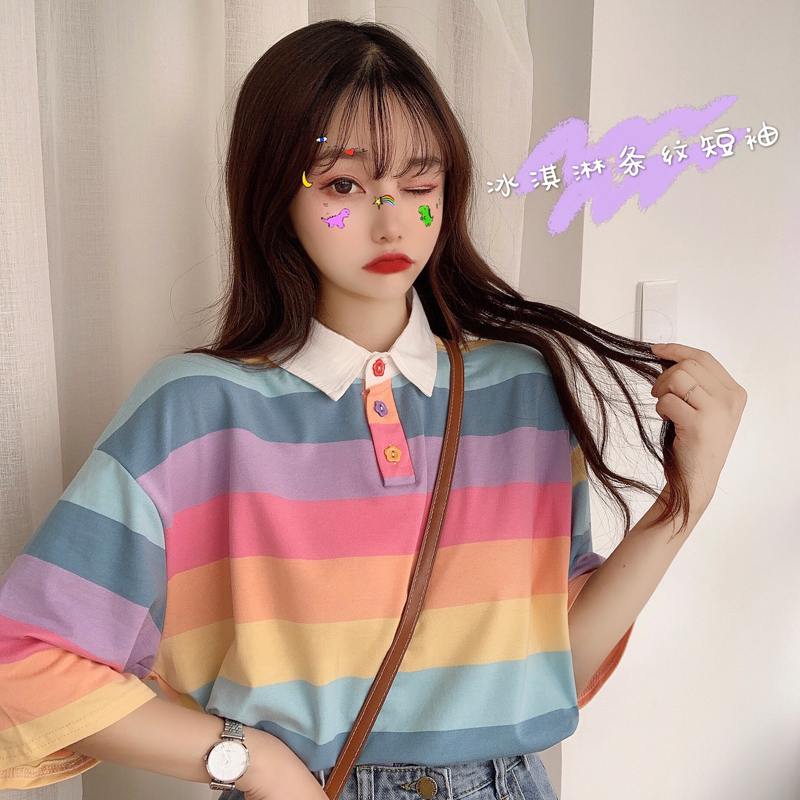 Real price Striped Shirt Short Sleeve loose T-shirt
