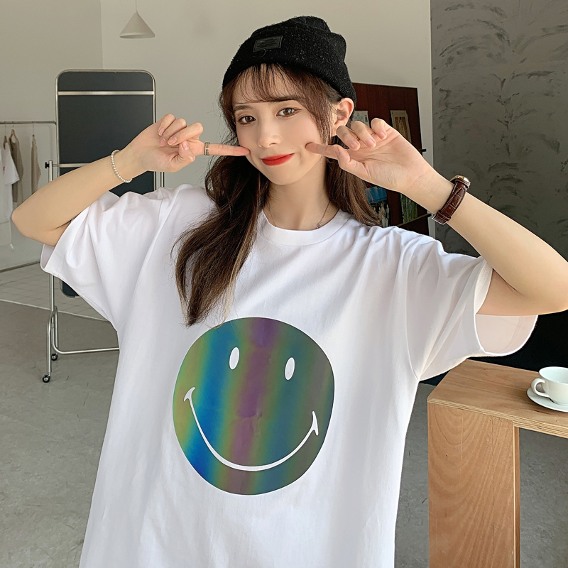 Real price smile reflective face fashion casual breathable round neck women's Short Sleeve T-Shirt