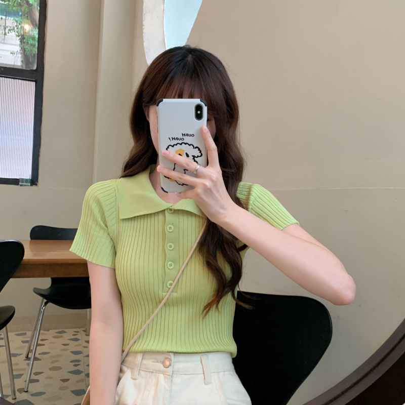 New French high waist short V-neck knitted short sleeve tights