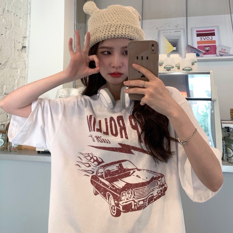 Real price ᦇ white lovers T-shirt women's fashion net red spring summer 2021 new loose print top