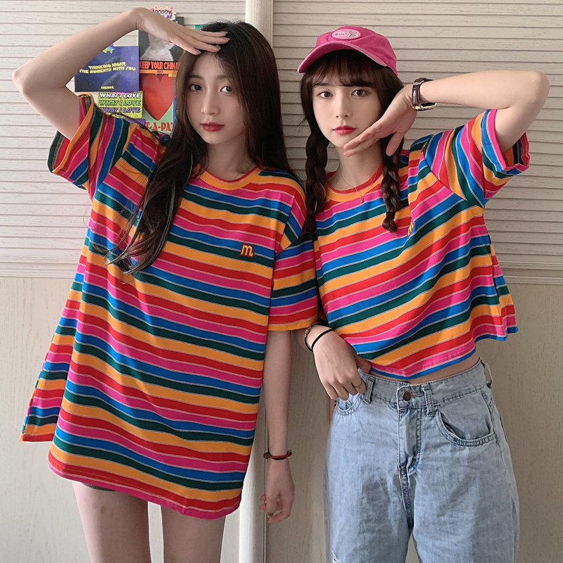 New summer stripe embroidered loose short sleeve T-shirt