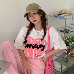 Real price ᦇ super fire flocking love printing short sleeve T-shirt for female students