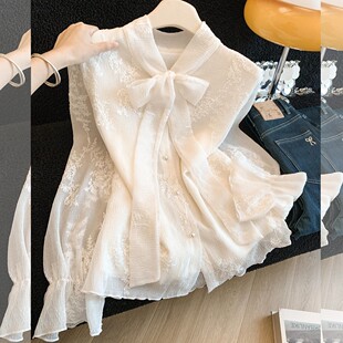 女百搭通勤长袖 韩系钉珠系带木耳领蕾丝提花衬衫 上衣 新款 2026春季