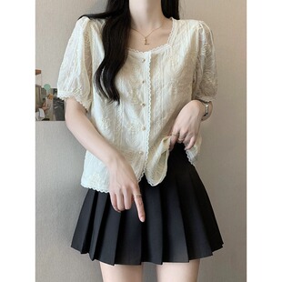 2026新款 衬衫 法式 泡泡袖 小香风蕾丝上衣女夏季 超好看漂亮小衫 短袖