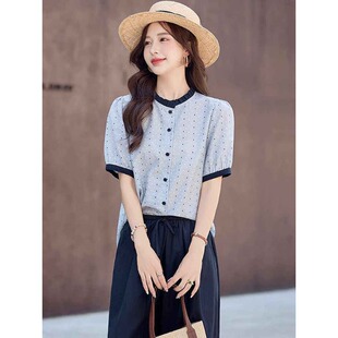 宽松休闲百搭上衣开衫 薄款 撞色木耳边波点短袖 夏日漂亮小上衣时尚