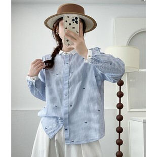精选蓝白条纹长袖 女士优雅知性休闲百搭日常通勤宽松衬衣 衬衫