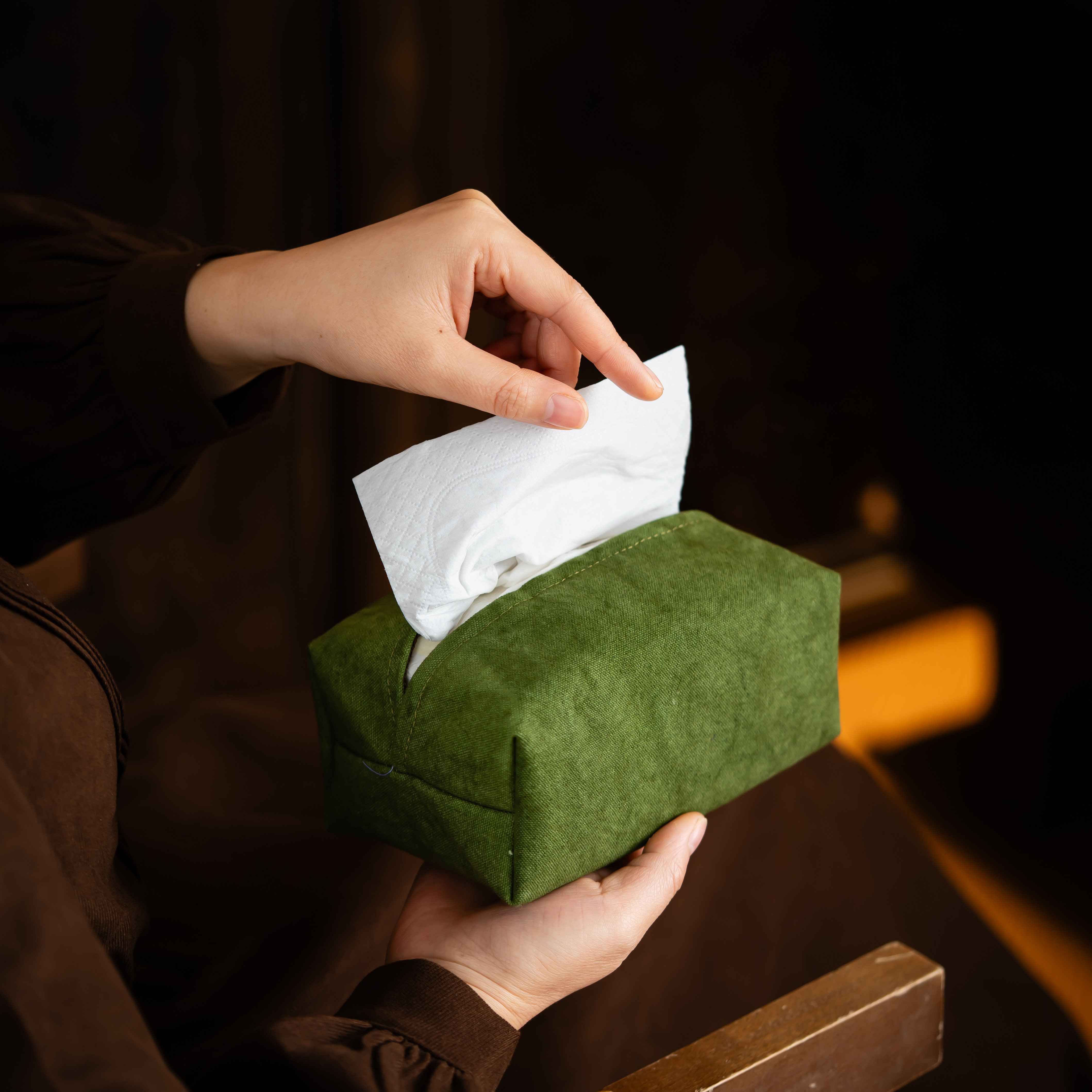 手工扎染古苔绿加厚布艺纸巾盒