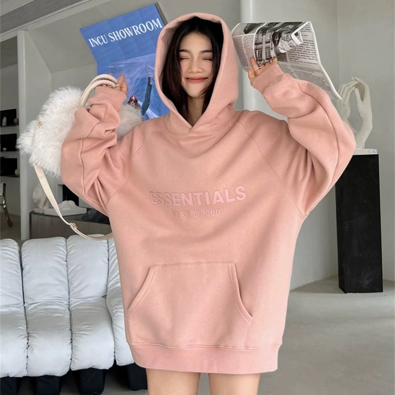 FOG ESSENTIALS 脏粉色卫衣女连帽衫秋冬加绒套头字母美式大兜帽