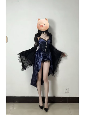 希与STUDIO暗黑风紫色吊带连衣裙女万圣节性感修身拖尾裙辣妹风