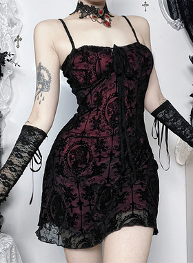 希与STUDIO暗黑风蕾丝吊带连衣裙女修身A字裙性感约会战袍短裙