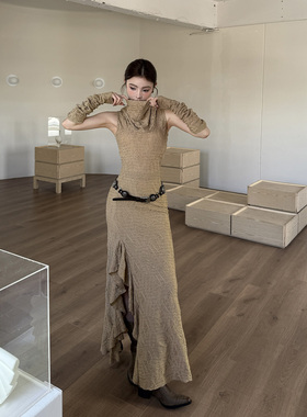 希与STUDIO异域风针织连衣裙女无袖收腰开叉长裙废土风旅游穿搭