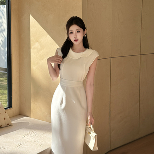 韩系千金感白色连衣裙女2026夏季 娃娃领收腰包臀裙约会穿搭 新款